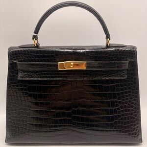Hermès Kelly Retourne 32 - Black Shiny Porosus Crocodile(^ Stamp)